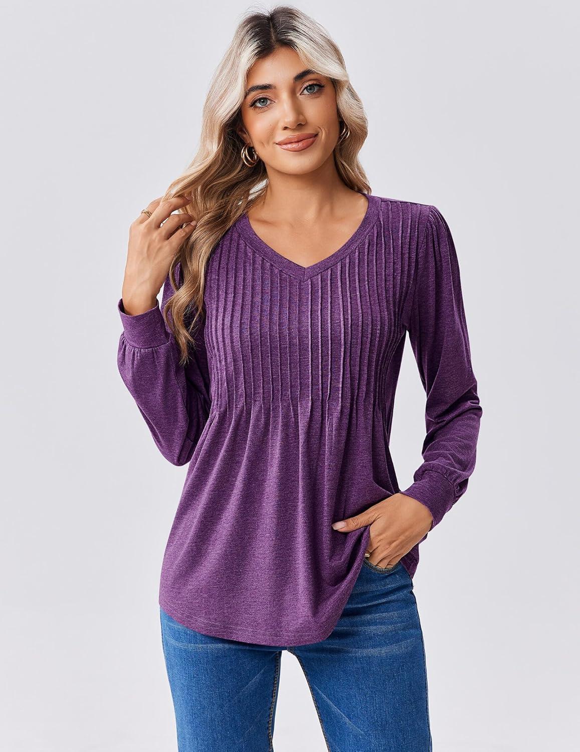 imageZeagoo Long Sleeve Shirts for Women Casual V Neck Top Pleated Floral Boho Blouses 2026 Fall TunicsPurple