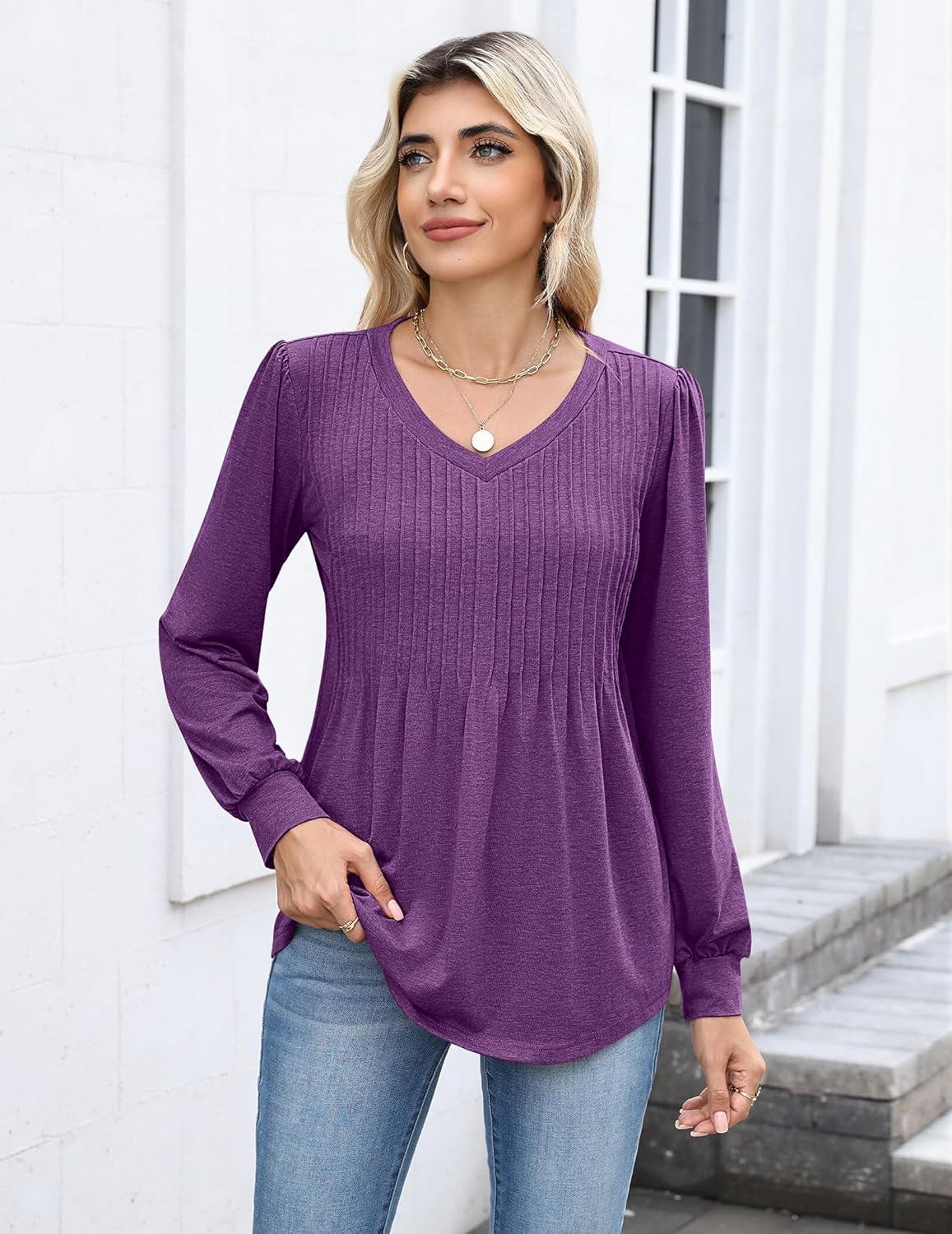 imageZeagoo Long Sleeve Shirts for Women Casual V Neck Top Pleated Floral Boho Blouses 2026 Fall TunicsPurple