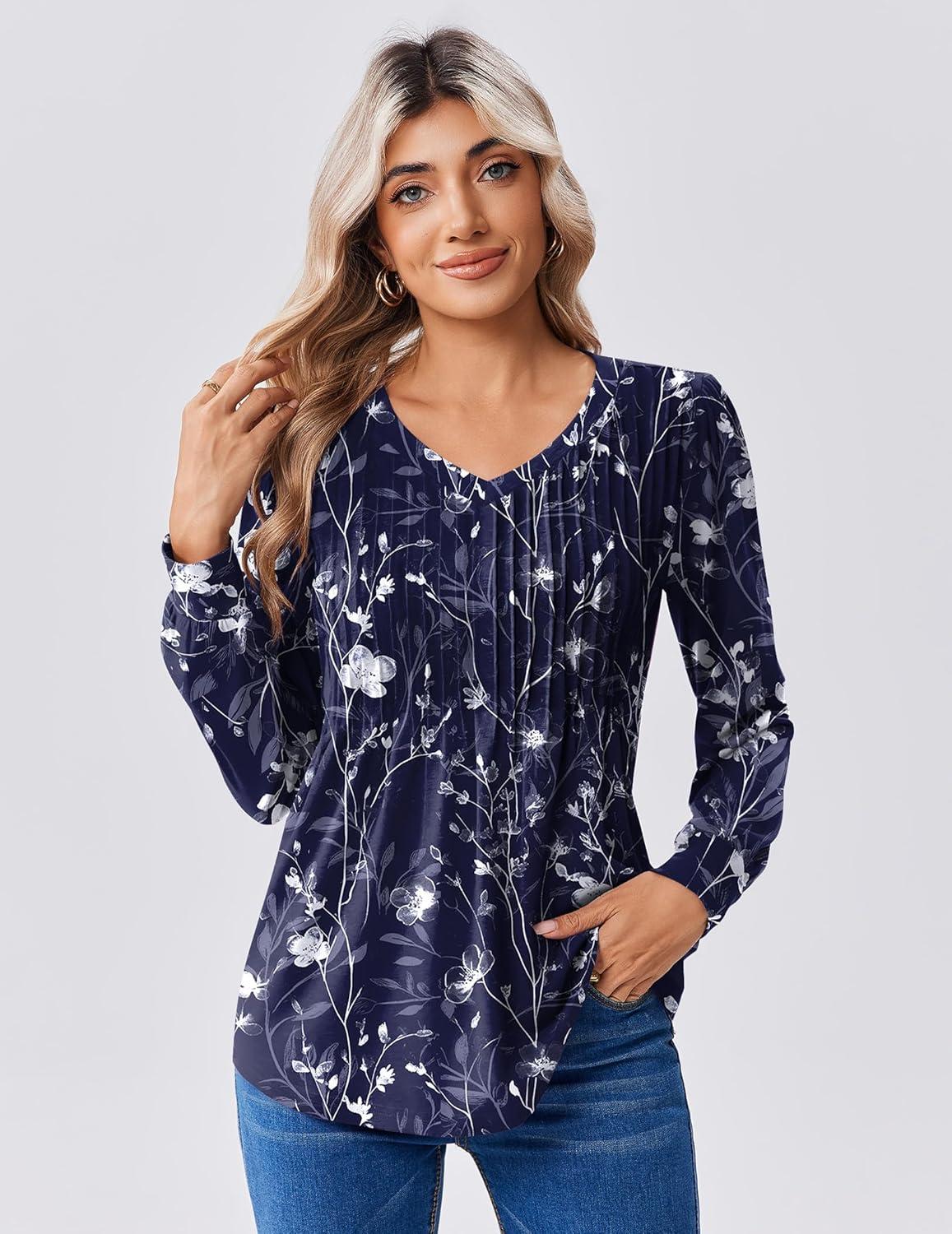 imageZeagoo Long Sleeve Shirts for Women Casual V Neck Top Pleated Floral Boho Blouses 2026 Fall TunicsSf180