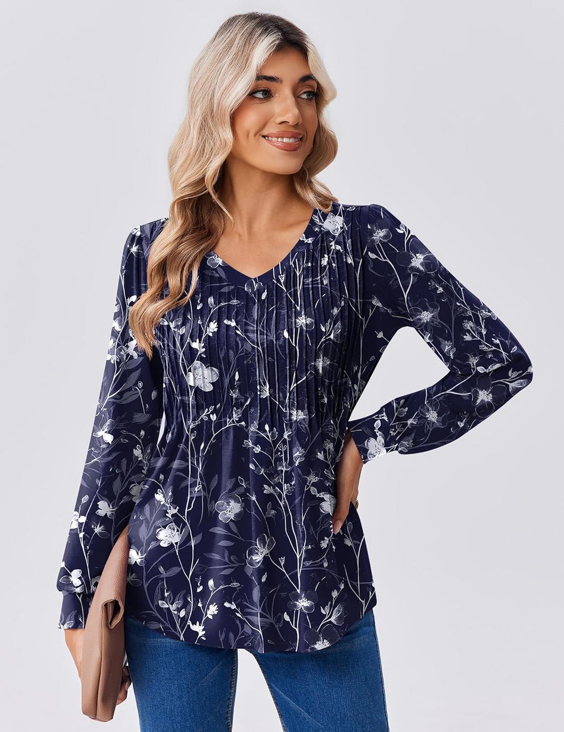 imageZeagoo Long Sleeve Shirts for Women Casual V Neck Top Pleated Floral Boho Blouses 2026 Fall TunicsSf180