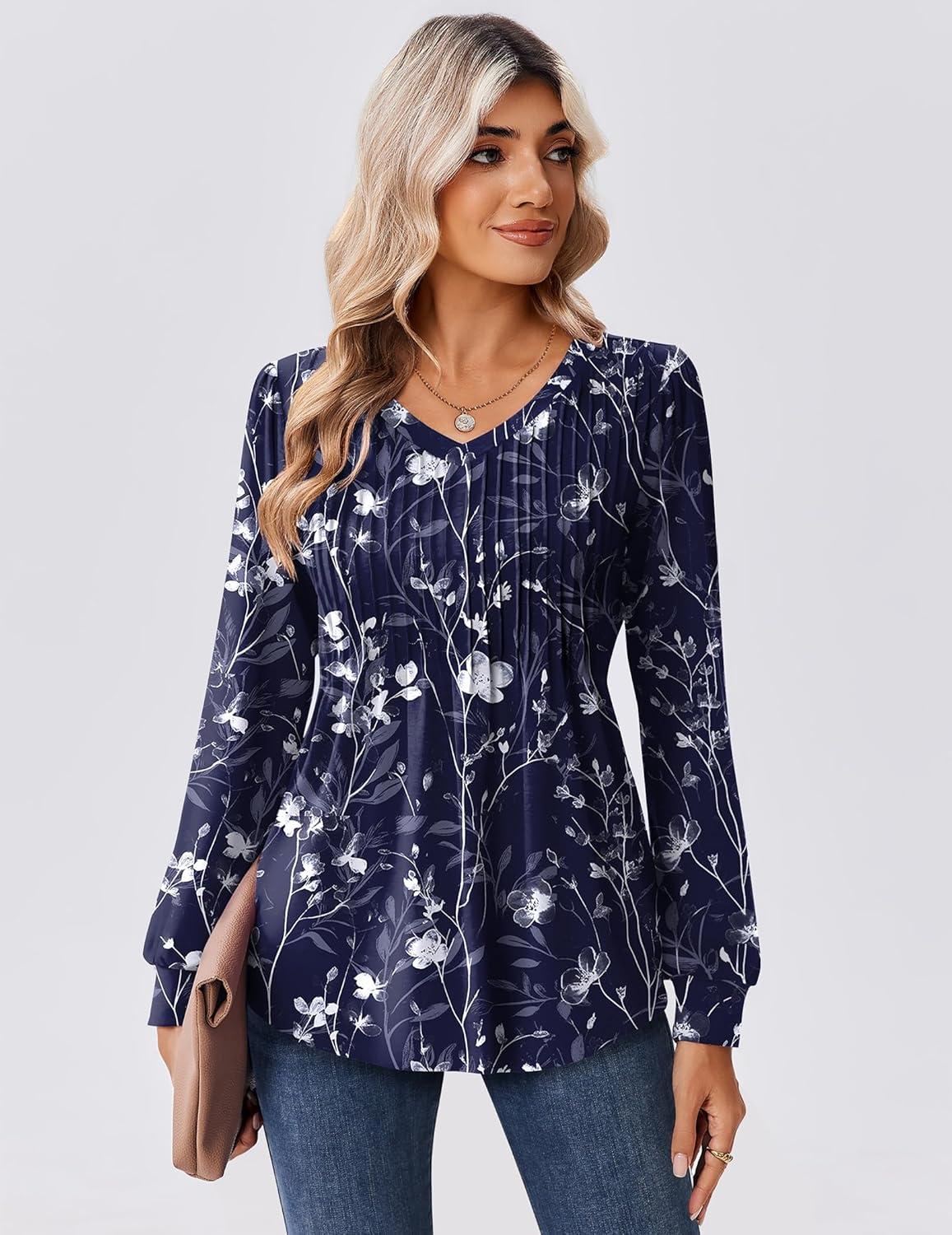 imageZeagoo Long Sleeve Shirts for Women Casual V Neck Top Pleated Floral Boho Blouses 2026 Fall TunicsSf180