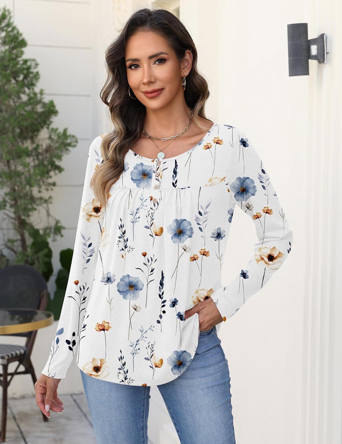 imageZeagoo Long Sleeve Shirts for Women Fall Fashion Dressy Casual Blouses Trendy Pleated Tunic Tops for Leggings 2025Awhite Flowerbf290