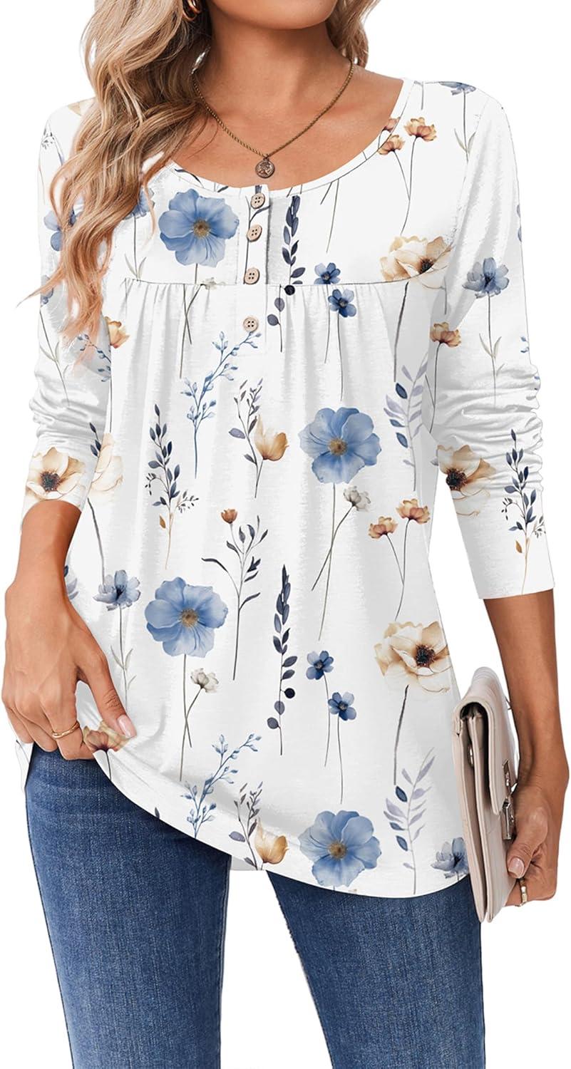 imageZeagoo Long Sleeve Shirts for Women Fall Fashion Dressy Casual Blouses Trendy Pleated Tunic Tops for Leggings 2025Awhite Flowerbf290