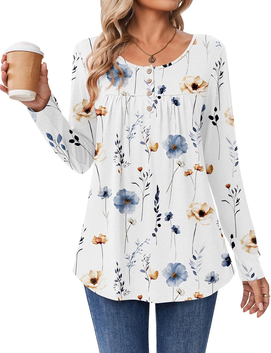imageZeagoo Long Sleeve Shirts for Women Fall Fashion Dressy Casual Blouses Trendy Pleated Tunic Tops for Leggings 2025Awhite Flowerbf290
