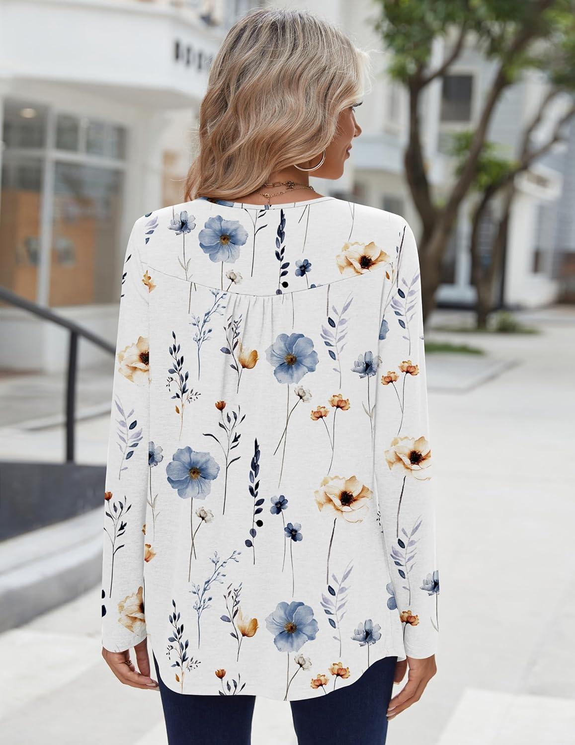 imageZeagoo Long Sleeve Shirts for Women Fall Fashion Dressy Casual Blouses Trendy Pleated Tunic Tops for Leggings 2025Awhite Flowerbf290