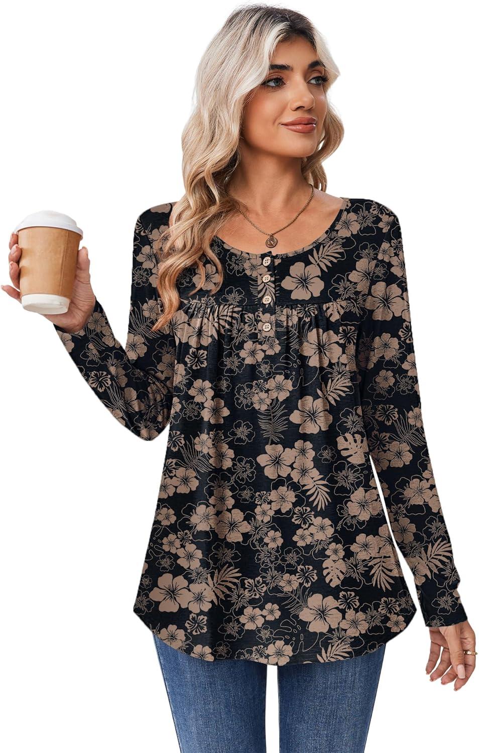 imageZeagoo Long Sleeve Shirts for Women Fall Fashion Dressy Casual Blouses Trendy Pleated Tunic Tops for Leggings 2025Blacksf209