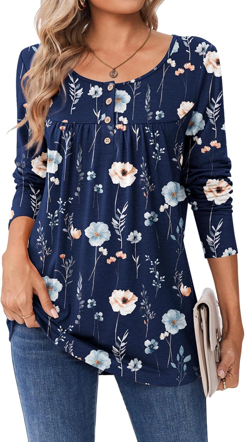 imageZeagoo Long Sleeve Shirts for Women Fall Fashion Dressy Casual Blouses Trendy Pleated Tunic Tops for Leggings 2025Blue Flowerbf318