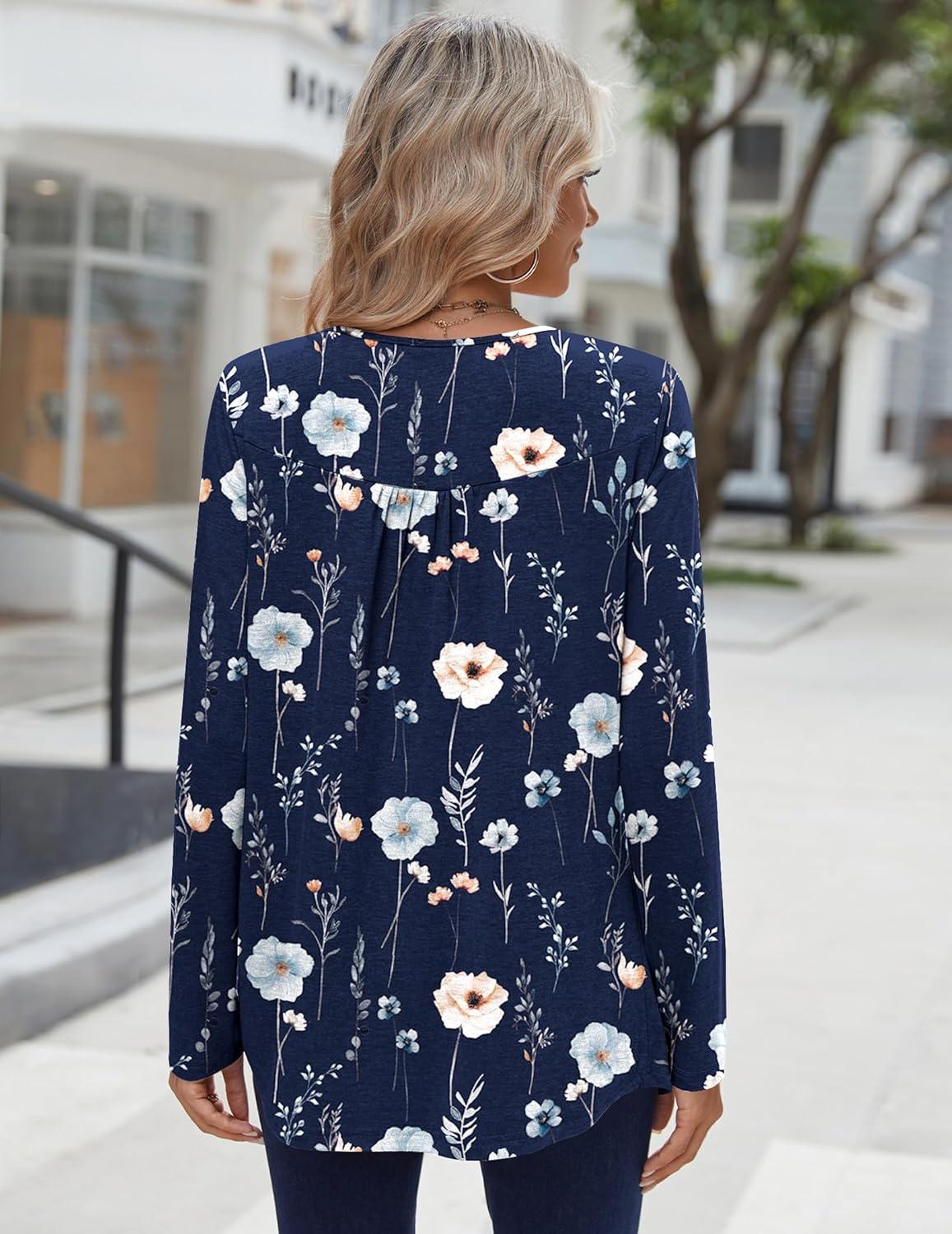 imageZeagoo Long Sleeve Shirts for Women Fall Fashion Dressy Casual Blouses Trendy Pleated Tunic Tops for Leggings 2025Blue Flowerbf318