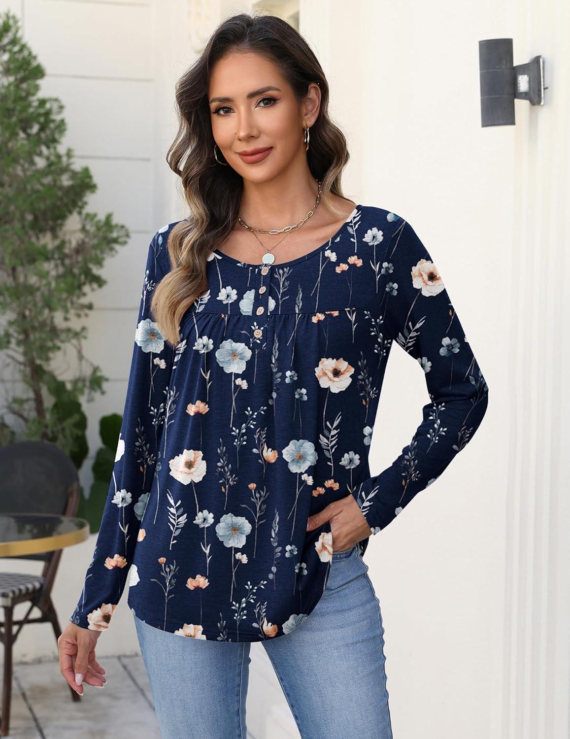imageZeagoo Long Sleeve Shirts for Women Fall Fashion Dressy Casual Blouses Trendy Pleated Tunic Tops for Leggings 2025Blue Flowerbf318