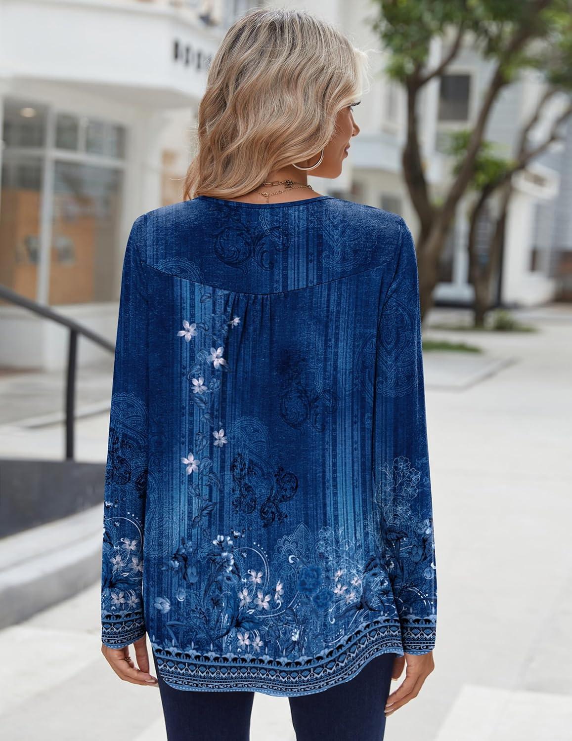 imageZeagoo Long Sleeve Shirts for Women Fall Fashion Dressy Casual Blouses Trendy Pleated Tunic Tops for Leggings 2025Blue Flowermz845