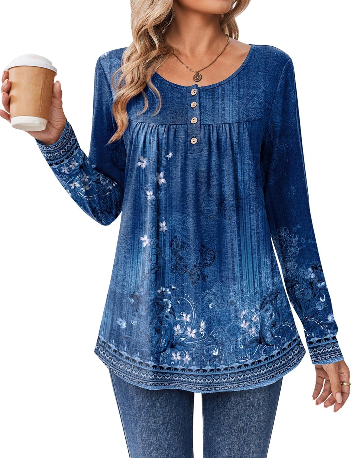 imageZeagoo Long Sleeve Shirts for Women Fall Fashion Dressy Casual Blouses Trendy Pleated Tunic Tops for Leggings 2025Blue Flowermz845