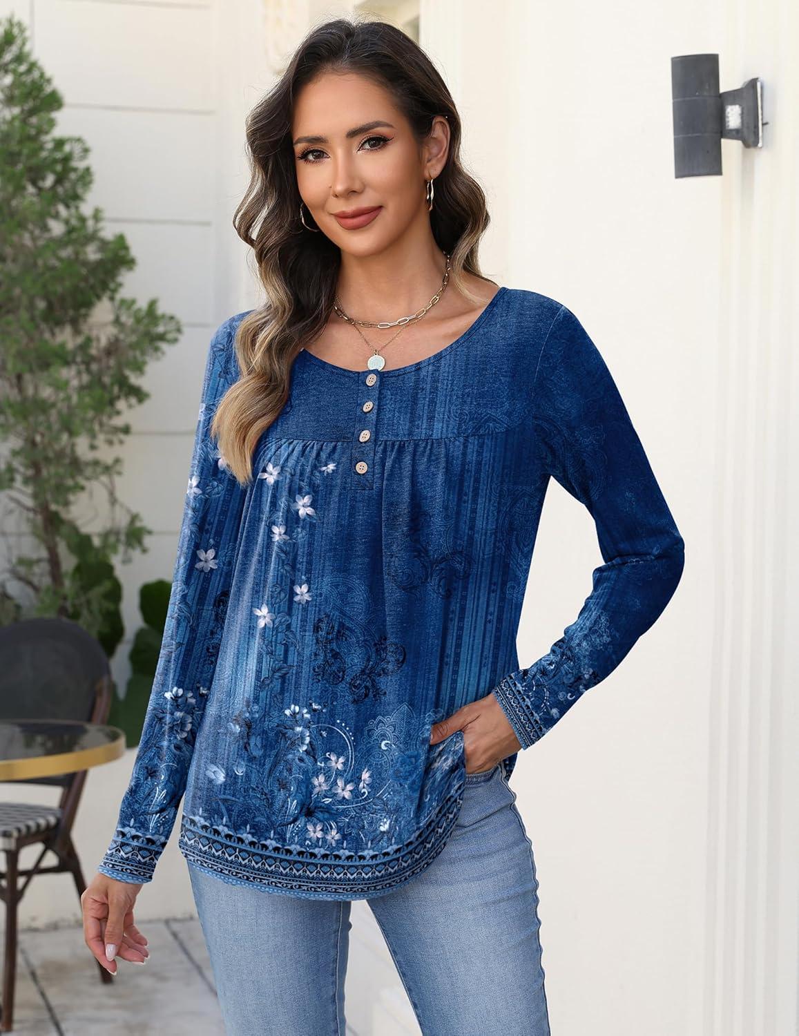 imageZeagoo Long Sleeve Shirts for Women Fall Fashion Dressy Casual Blouses Trendy Pleated Tunic Tops for Leggings 2025Blue Flowermz845