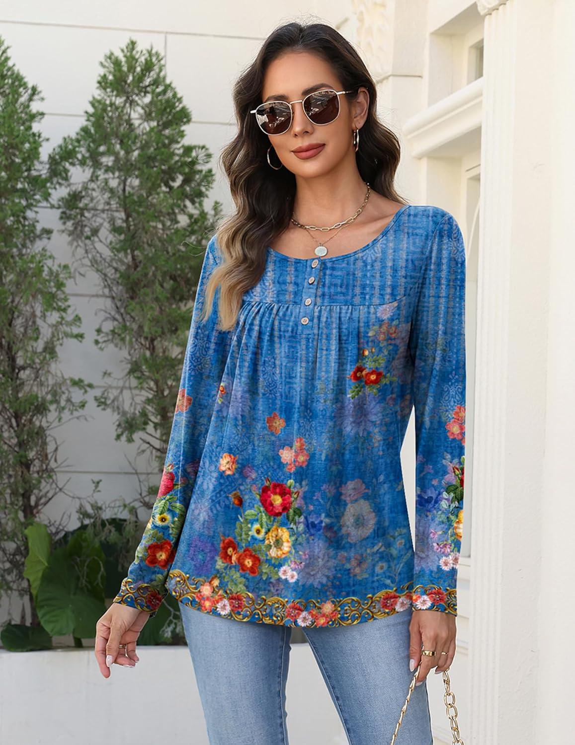imageZeagoo Long Sleeve Shirts for Women Fall Fashion Dressy Casual Blouses Trendy Pleated Tunic Tops for Leggings 2025Blue Printmz876