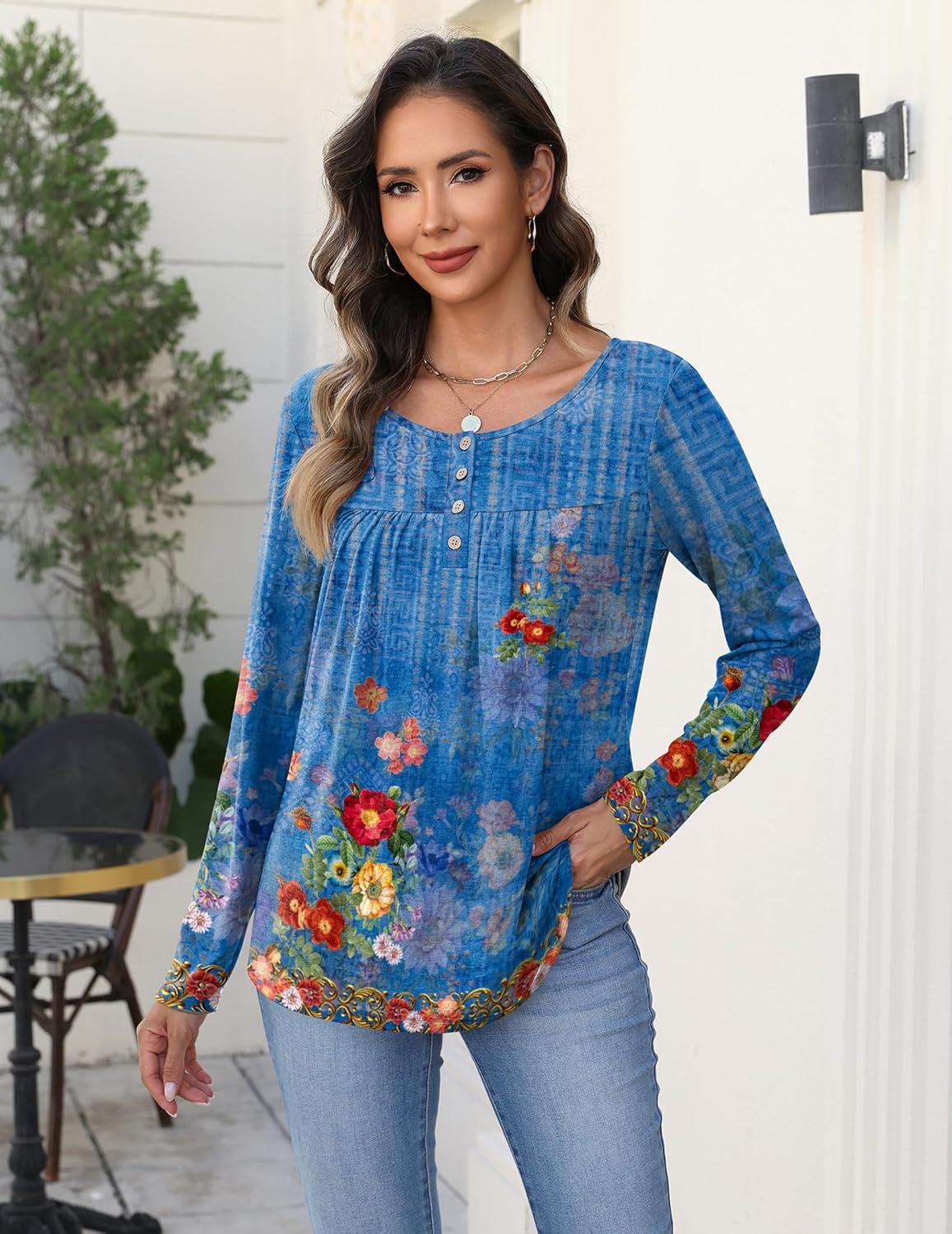 imageZeagoo Long Sleeve Shirts for Women Fall Fashion Dressy Casual Blouses Trendy Pleated Tunic Tops for Leggings 2025Blue Printmz876