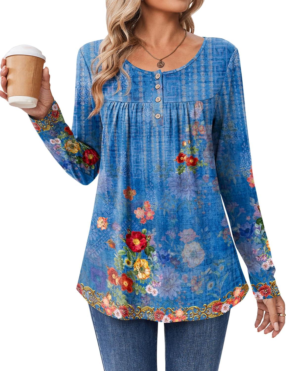 imageZeagoo Long Sleeve Shirts for Women Fall Fashion Dressy Casual Blouses Trendy Pleated Tunic Tops for Leggings 2025Blue Printmz876