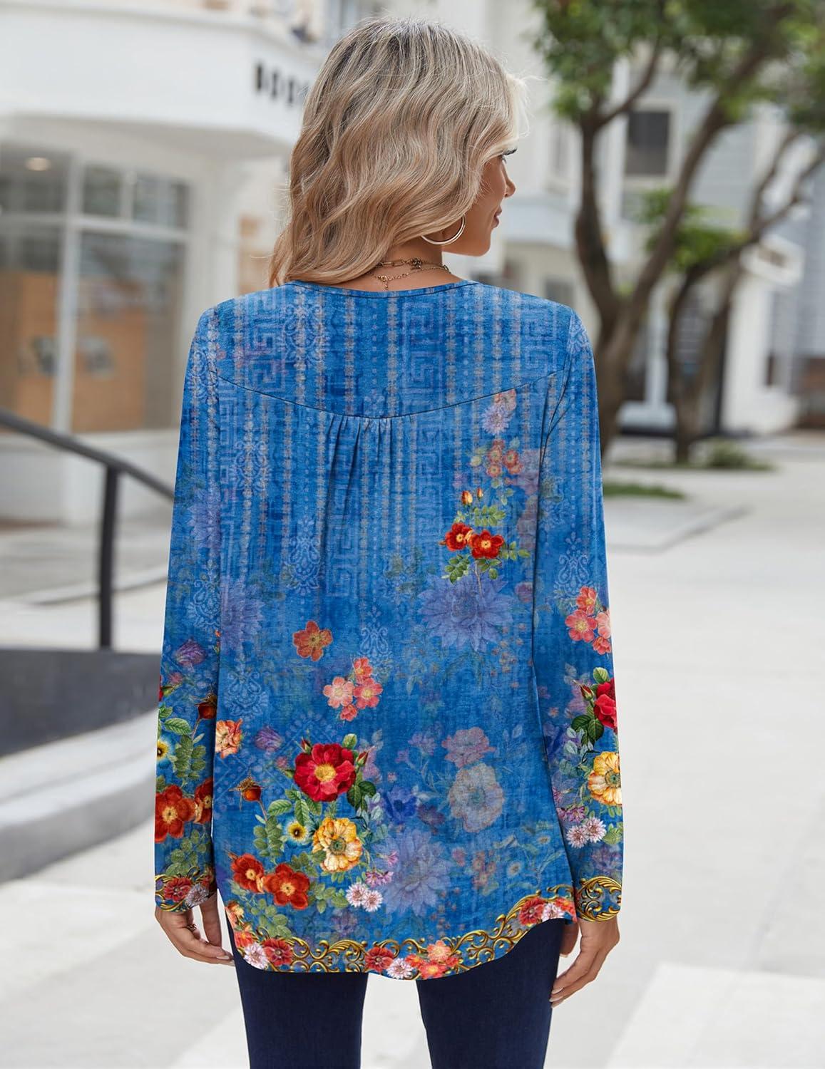 imageZeagoo Long Sleeve Shirts for Women Fall Fashion Dressy Casual Blouses Trendy Pleated Tunic Tops for Leggings 2025Blue Printmz876