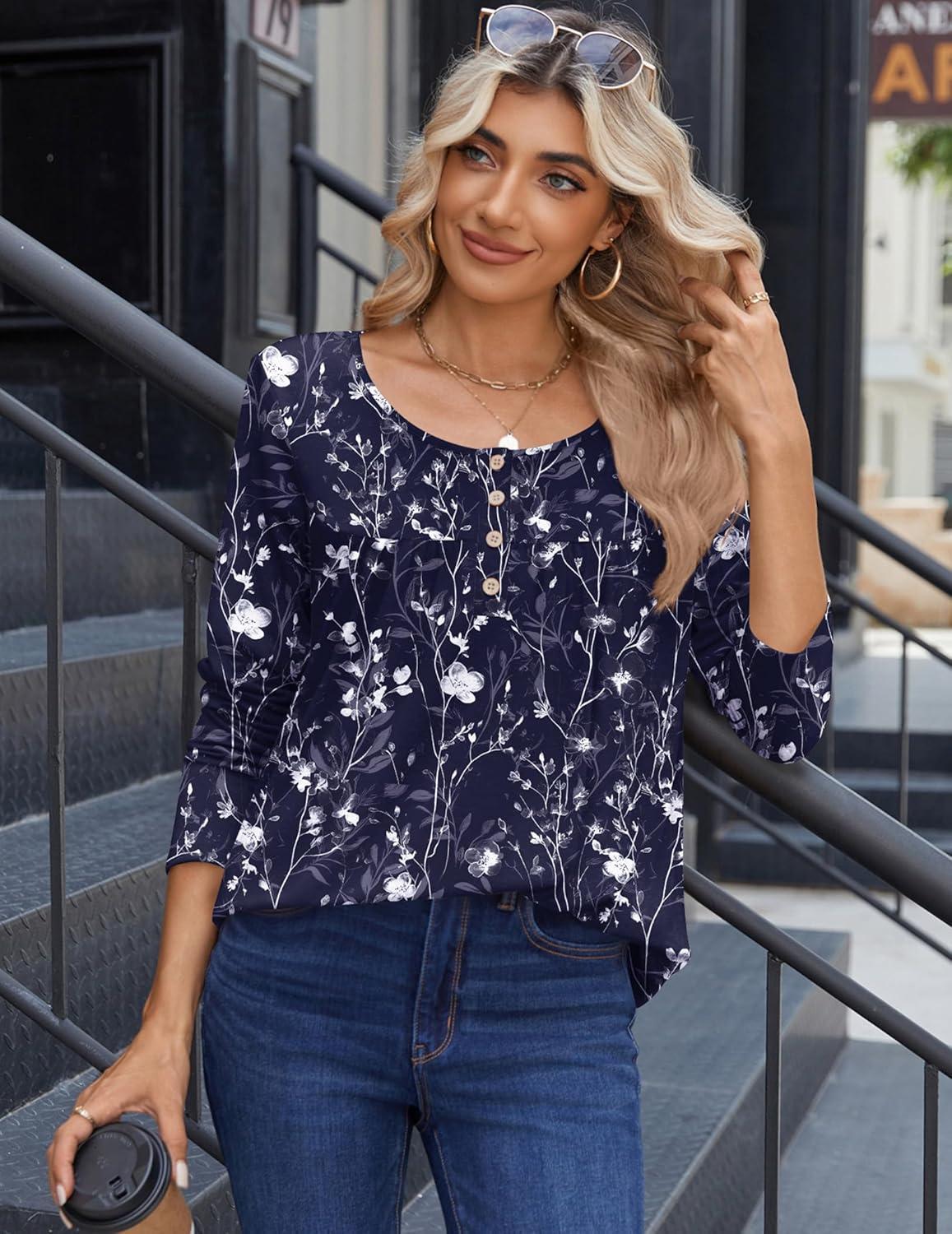 imageZeagoo Long Sleeve Shirts for Women Fall Fashion Dressy Casual Blouses Trendy Pleated Tunic Tops for Leggings 2025Bluesf180