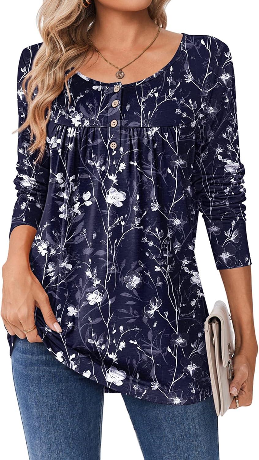 imageZeagoo Long Sleeve Shirts for Women Fall Fashion Dressy Casual Blouses Trendy Pleated Tunic Tops for Leggings 2025Bluesf180