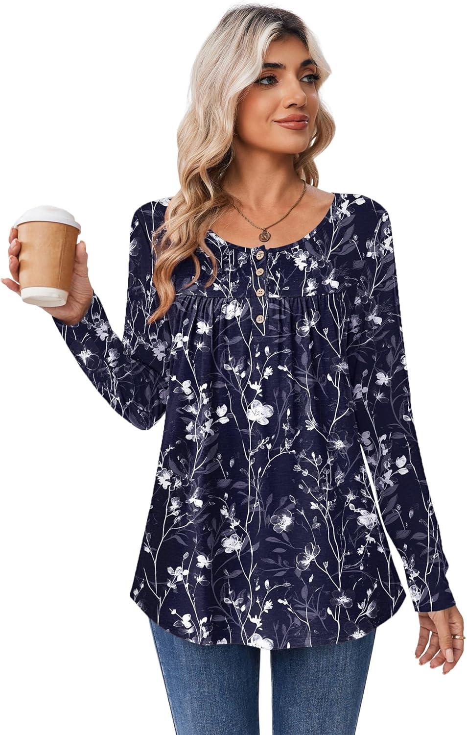 imageZeagoo Long Sleeve Shirts for Women Fall Fashion Dressy Casual Blouses Trendy Pleated Tunic Tops for Leggings 2025Bluesf180