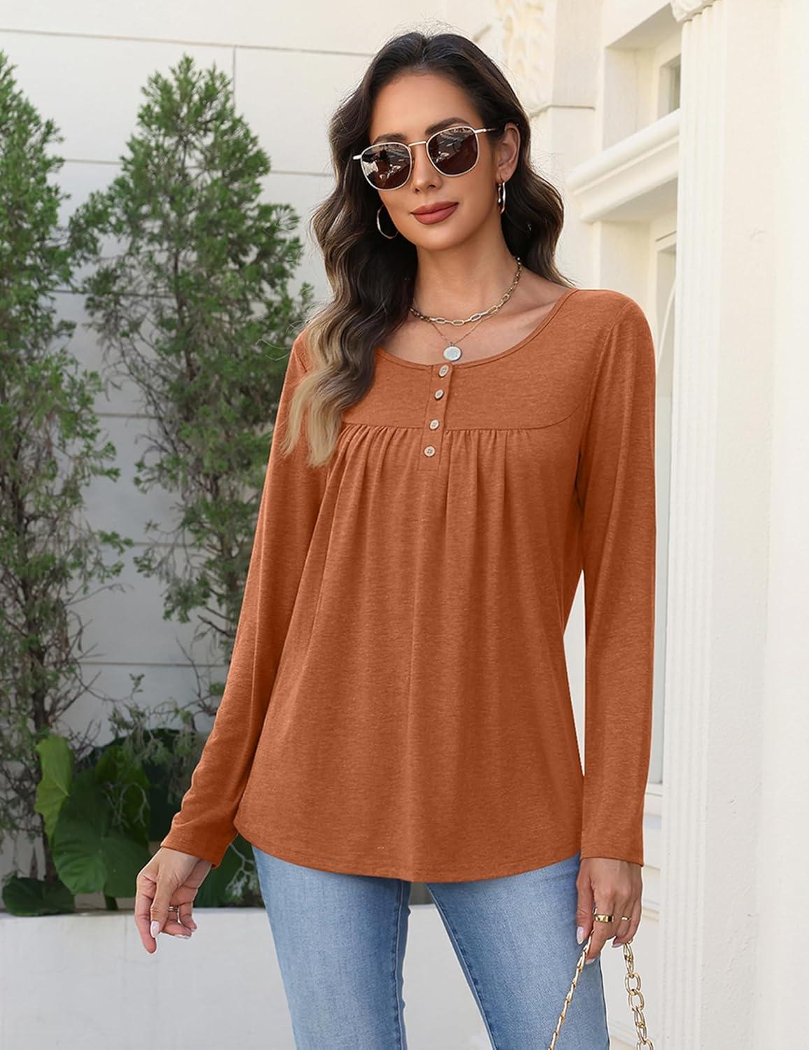 imageZeagoo Long Sleeve Shirts for Women Fall Fashion Dressy Casual Blouses Trendy Pleated Tunic Tops for Leggings 2025Caramel