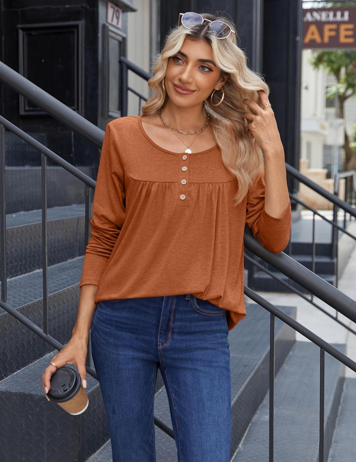 imageZeagoo Long Sleeve Shirts for Women Fall Fashion Dressy Casual Blouses Trendy Pleated Tunic Tops for Leggings 2025Caramel