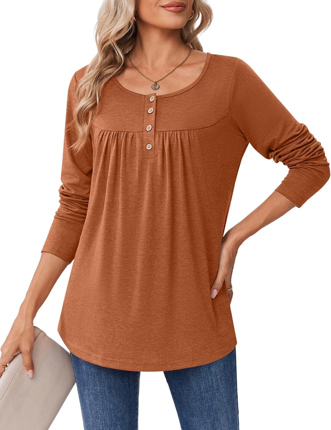 imageZeagoo Long Sleeve Shirts for Women Fall Fashion Dressy Casual Blouses Trendy Pleated Tunic Tops for Leggings 2025Caramel
