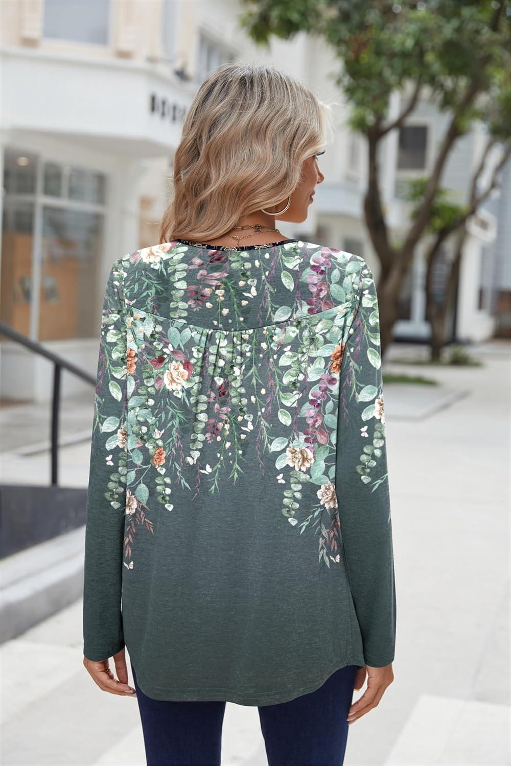imageZeagoo Long Sleeve Shirts for Women Fall Fashion Dressy Casual Blouses Trendy Pleated Tunic Tops for Leggings 2025Gray Printwf71