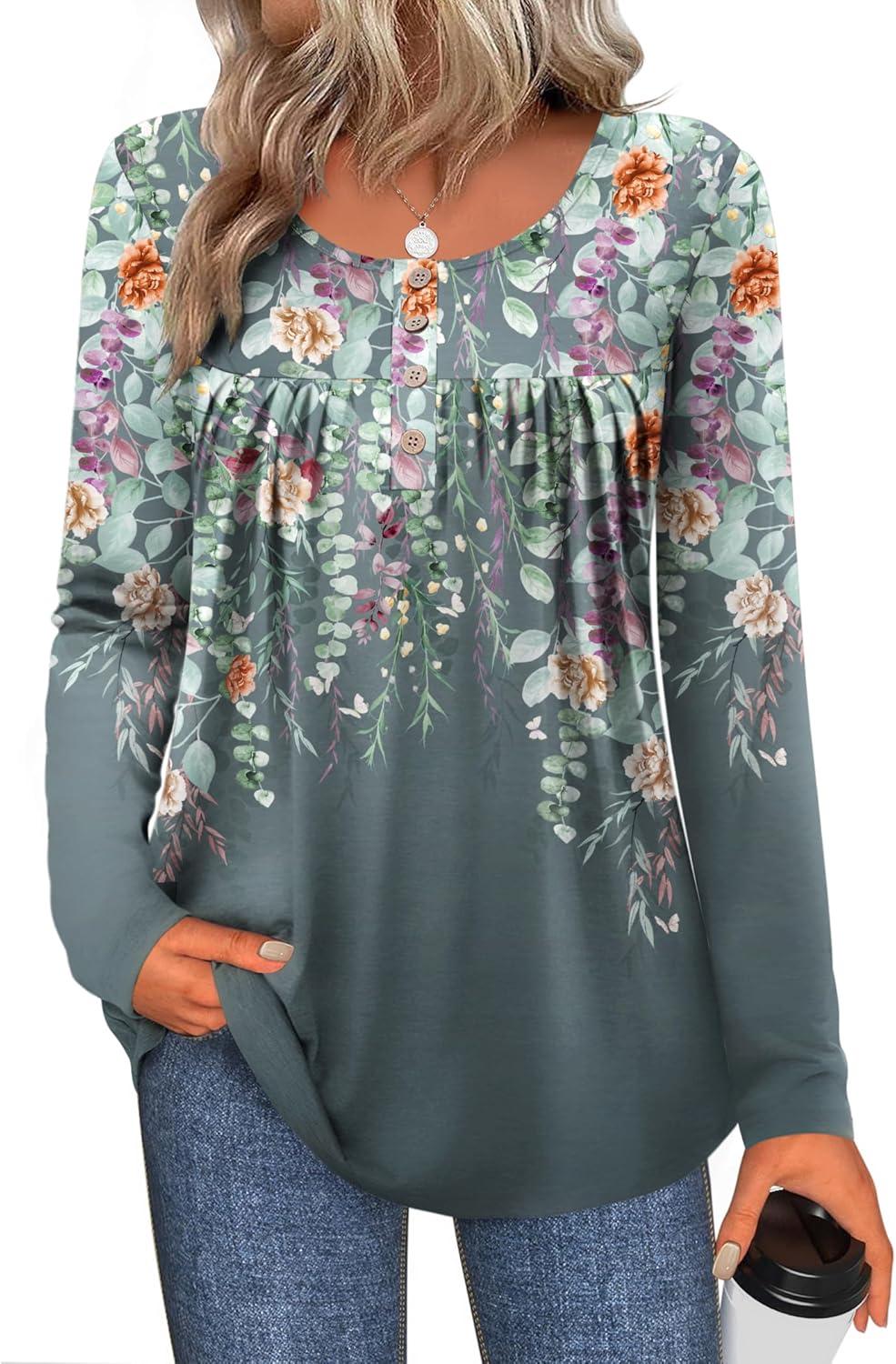 imageZeagoo Long Sleeve Shirts for Women Fall Fashion Dressy Casual Blouses Trendy Pleated Tunic Tops for Leggings 2025Gray Printwf71