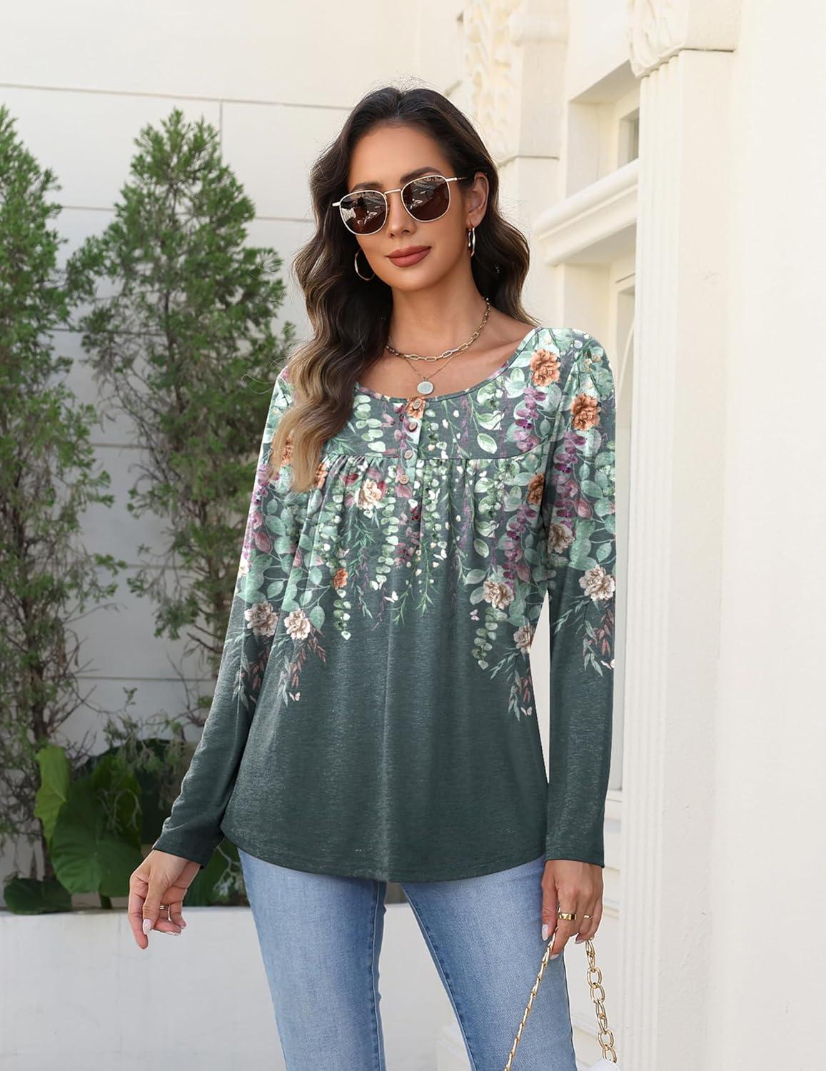 imageZeagoo Long Sleeve Shirts for Women Fall Fashion Dressy Casual Blouses Trendy Pleated Tunic Tops for Leggings 2025Gray Printwf71