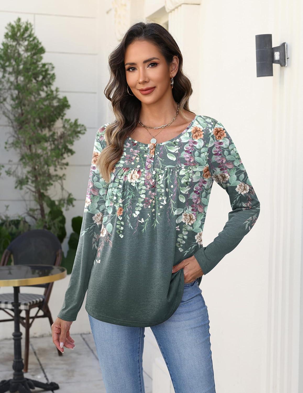 imageZeagoo Long Sleeve Shirts for Women Fall Fashion Dressy Casual Blouses Trendy Pleated Tunic Tops for Leggings 2025Gray Printwf71