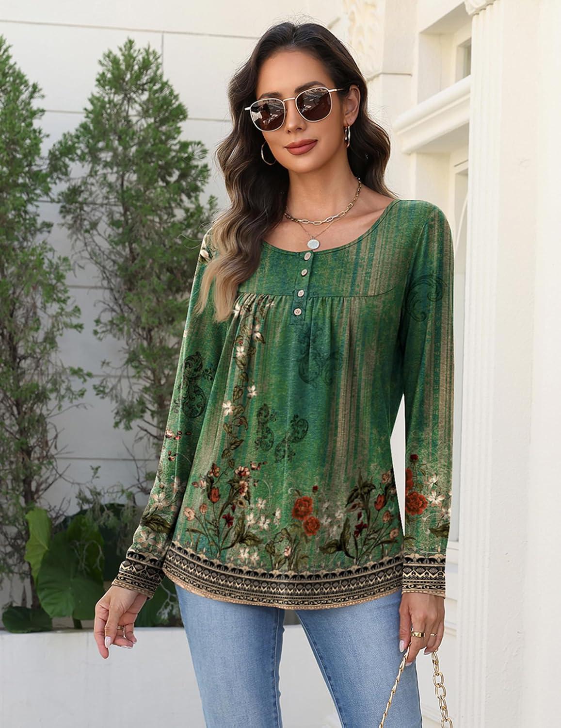 imageZeagoo Long Sleeve Shirts for Women Fall Fashion Dressy Casual Blouses Trendy Pleated Tunic Tops for Leggings 2025Green Flowermz839