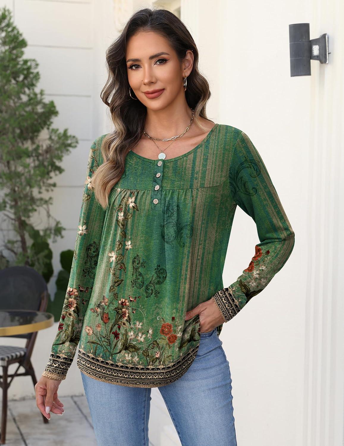 imageZeagoo Long Sleeve Shirts for Women Fall Fashion Dressy Casual Blouses Trendy Pleated Tunic Tops for Leggings 2025Green Flowermz839