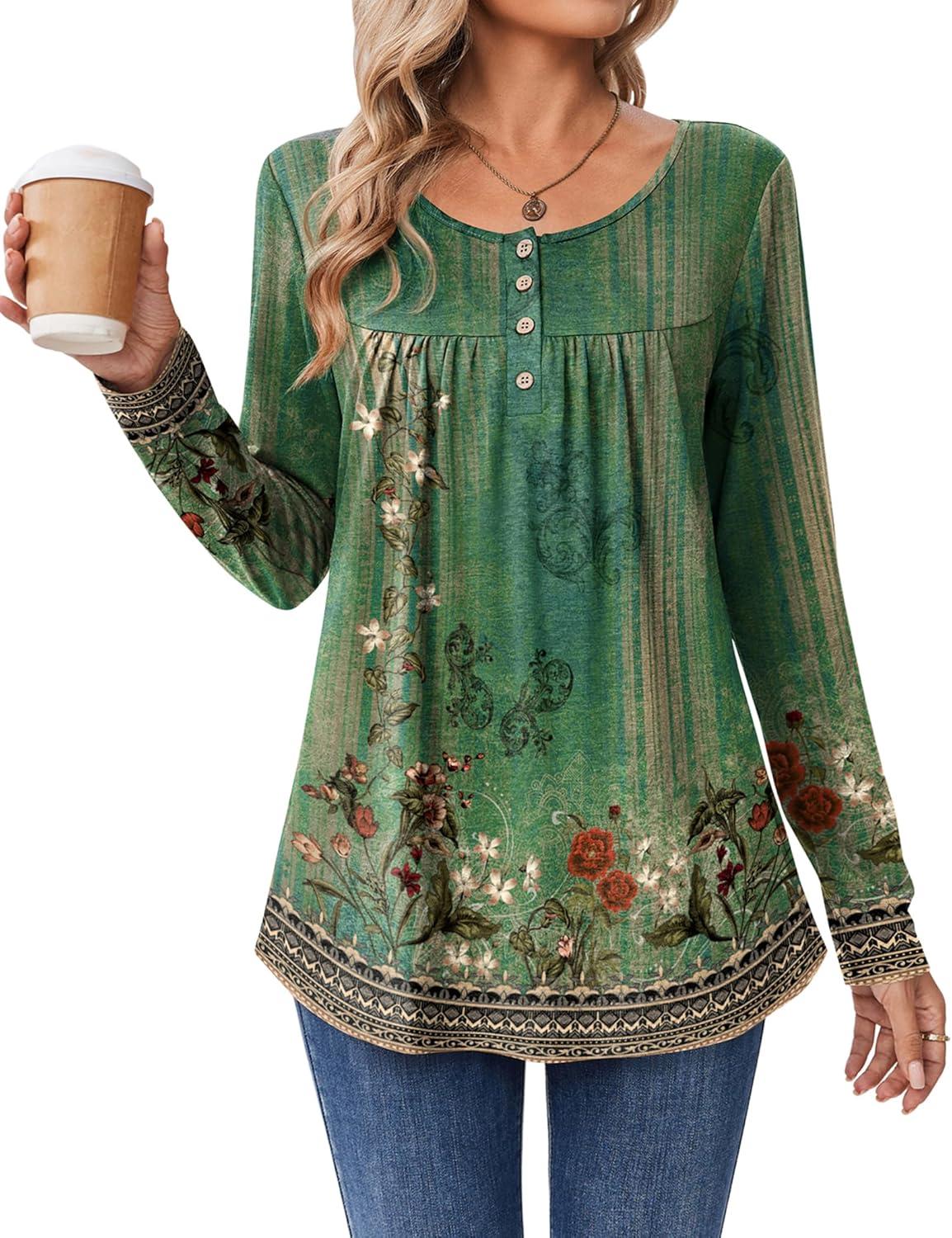 imageZeagoo Long Sleeve Shirts for Women Fall Fashion Dressy Casual Blouses Trendy Pleated Tunic Tops for Leggings 2025Green Flowermz839