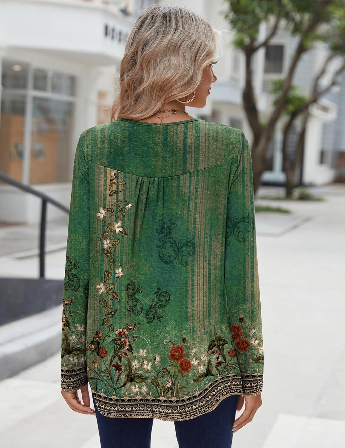 imageZeagoo Long Sleeve Shirts for Women Fall Fashion Dressy Casual Blouses Trendy Pleated Tunic Tops for Leggings 2025Green Flowermz839