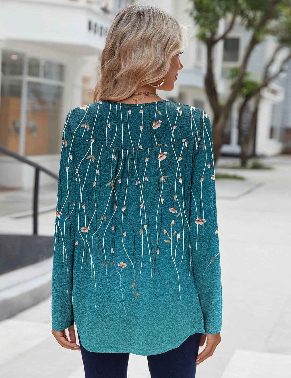 imageZeagoo Long Sleeve Shirts for Women Fall Fashion Dressy Casual Blouses Trendy Pleated Tunic Tops for Leggings 2025Green Leavexh363