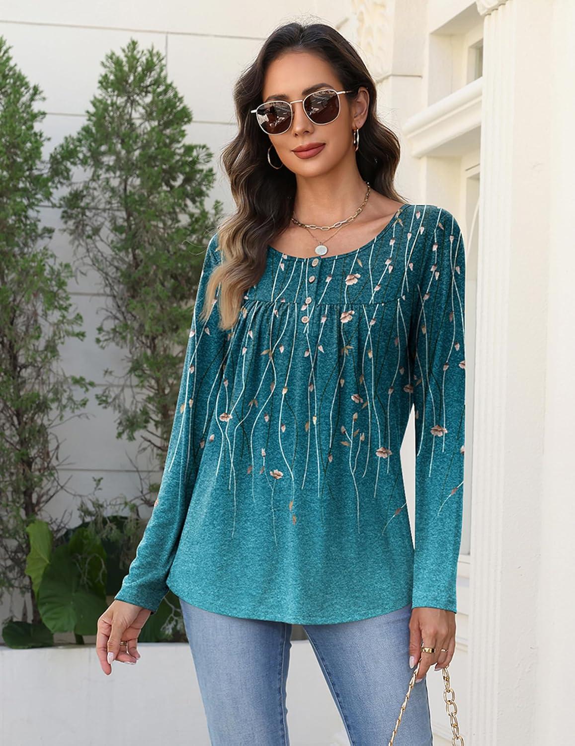 imageZeagoo Long Sleeve Shirts for Women Fall Fashion Dressy Casual Blouses Trendy Pleated Tunic Tops for Leggings 2025Green Leavexh363