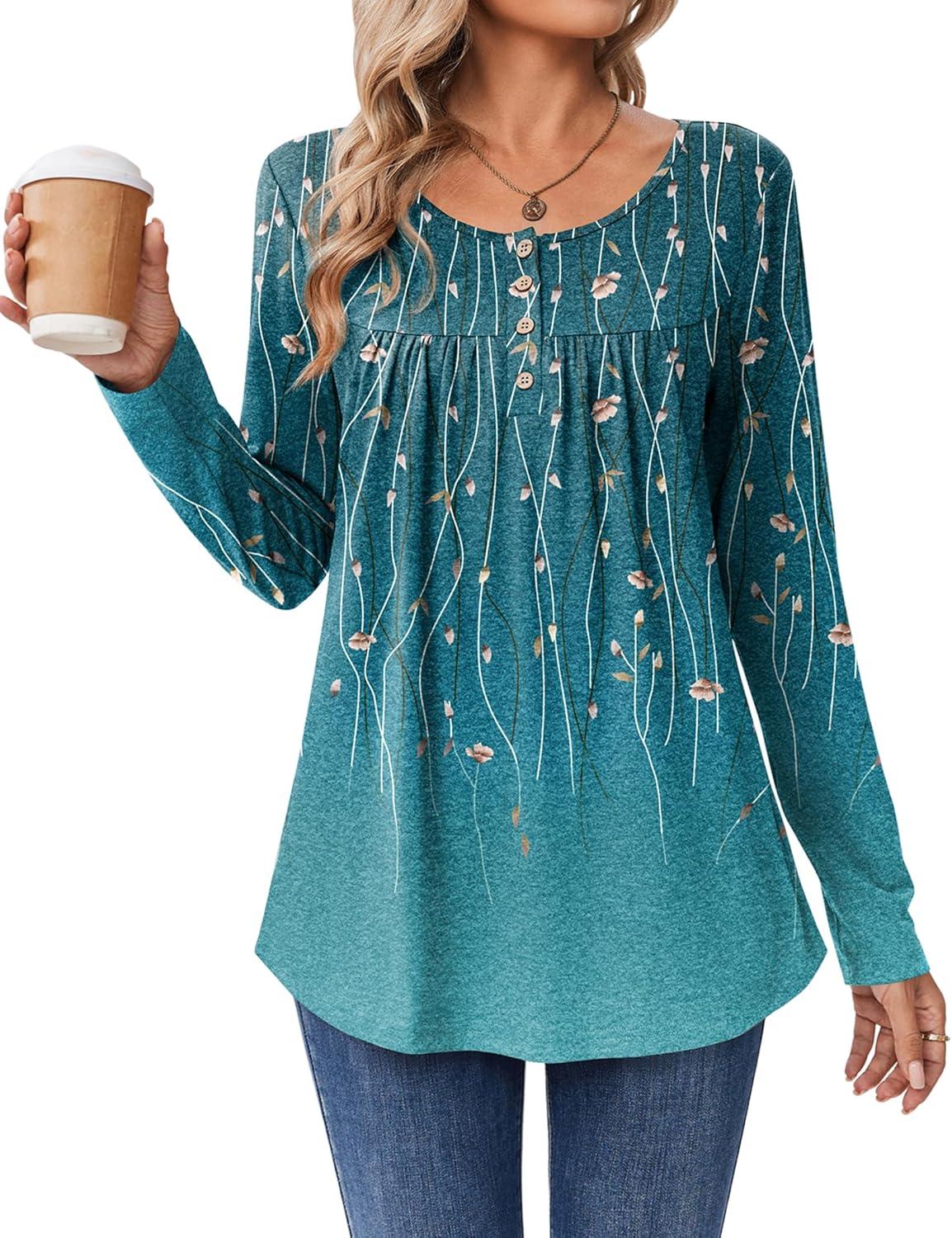 imageZeagoo Long Sleeve Shirts for Women Fall Fashion Dressy Casual Blouses Trendy Pleated Tunic Tops for Leggings 2025Green Leavexh363