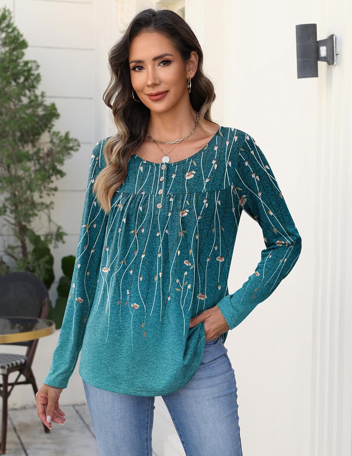 imageZeagoo Long Sleeve Shirts for Women Fall Fashion Dressy Casual Blouses Trendy Pleated Tunic Tops for Leggings 2025Green Leavexh363