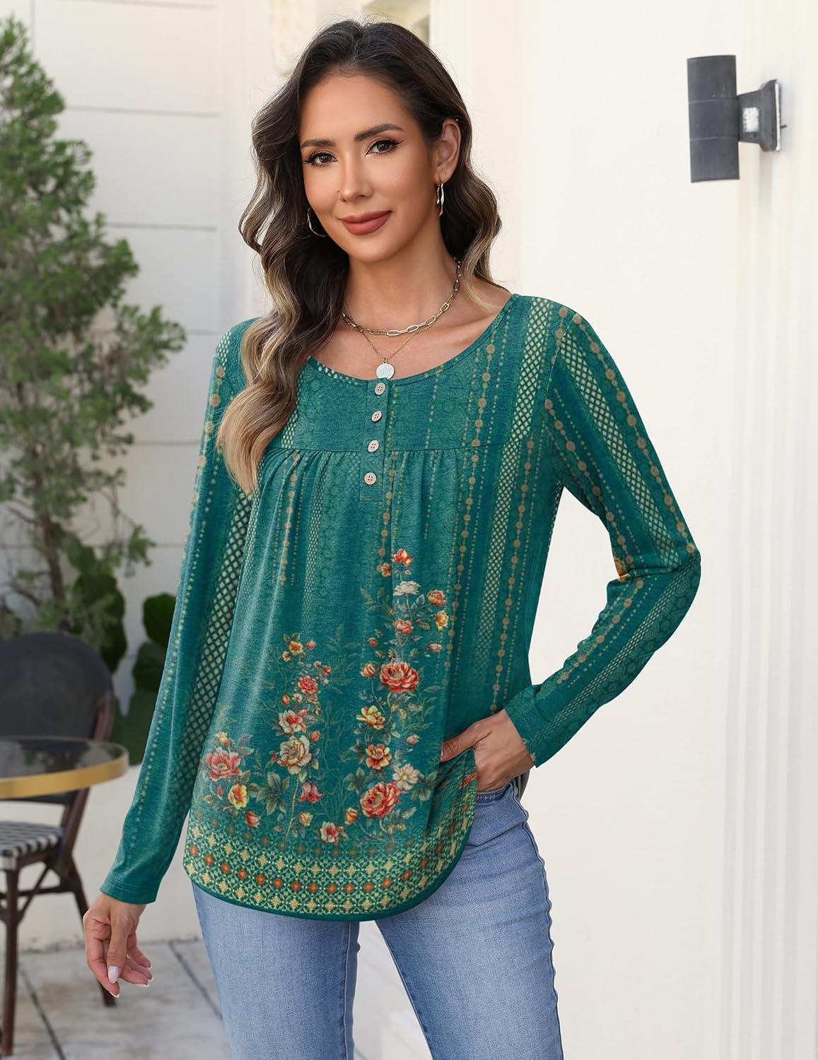 imageZeagoo Long Sleeve Shirts for Women Fall Fashion Dressy Casual Blouses Trendy Pleated Tunic Tops for Leggings 2025Green Printmz871