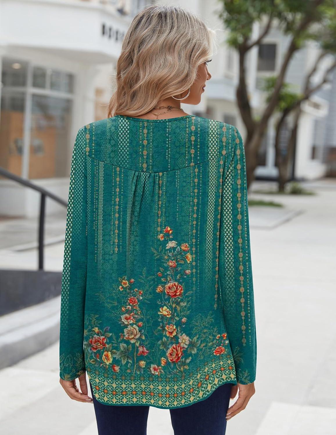 imageZeagoo Long Sleeve Shirts for Women Fall Fashion Dressy Casual Blouses Trendy Pleated Tunic Tops for Leggings 2025Green Printmz871