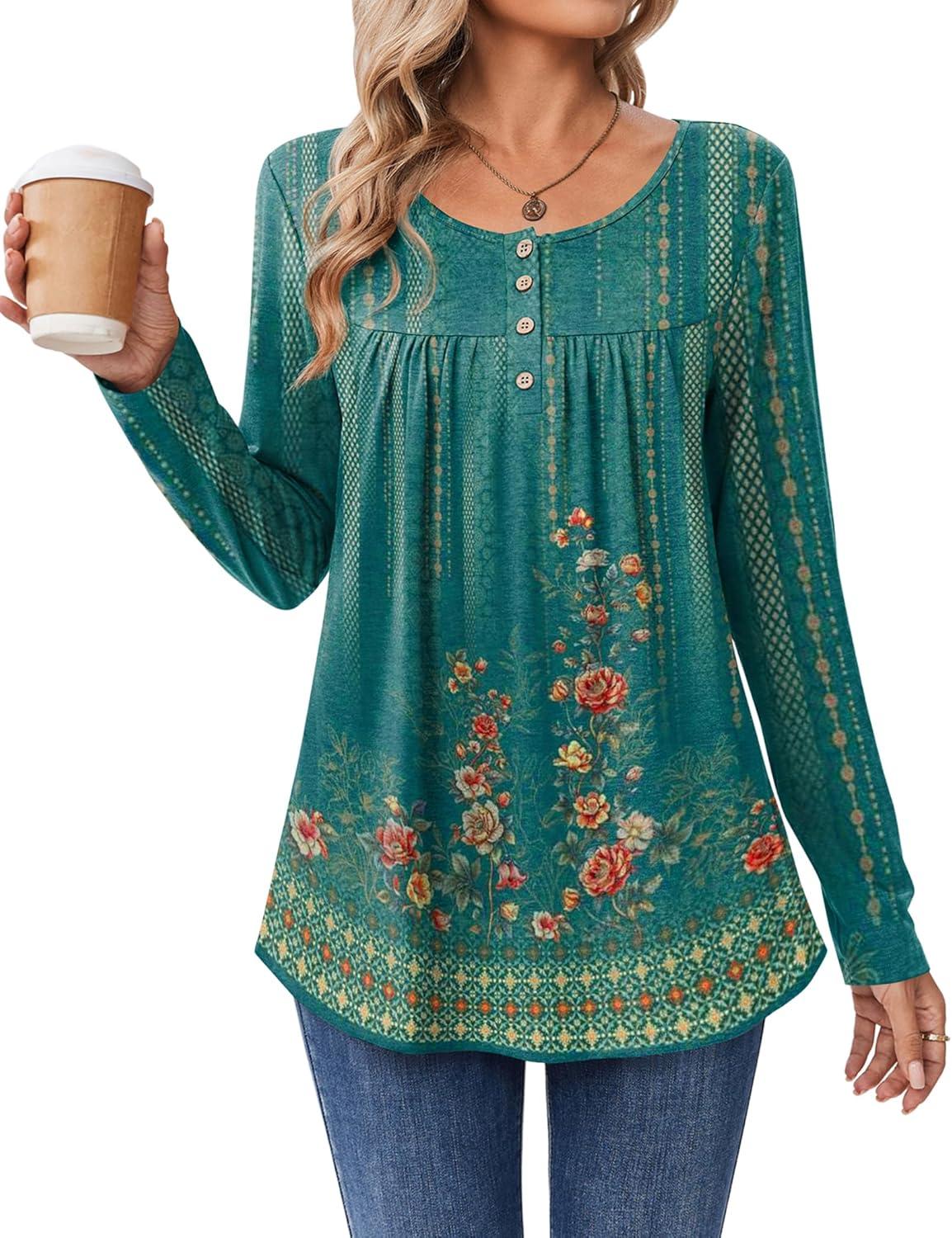 imageZeagoo Long Sleeve Shirts for Women Fall Fashion Dressy Casual Blouses Trendy Pleated Tunic Tops for Leggings 2025Green Printmz871