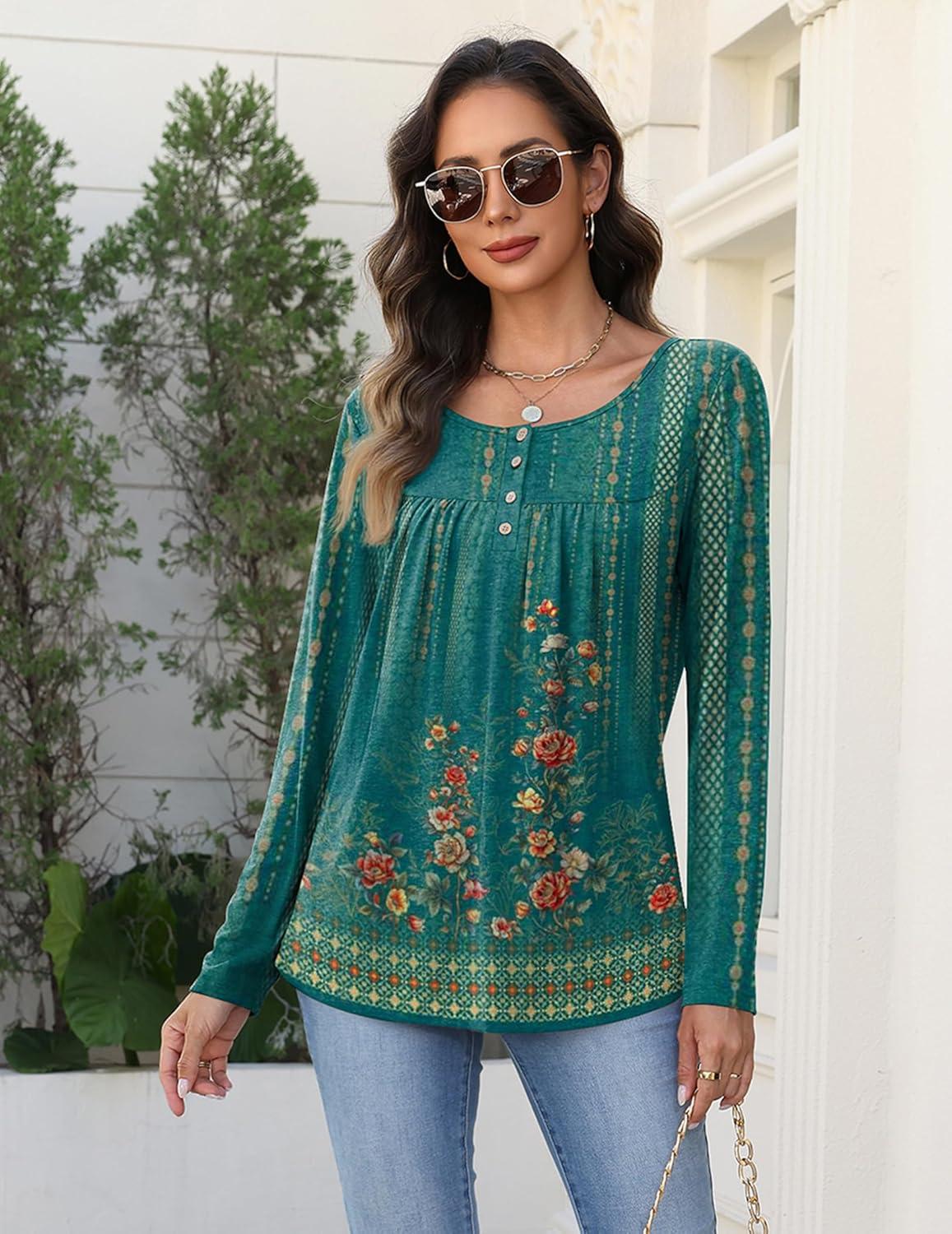 imageZeagoo Long Sleeve Shirts for Women Fall Fashion Dressy Casual Blouses Trendy Pleated Tunic Tops for Leggings 2025Green Printmz871
