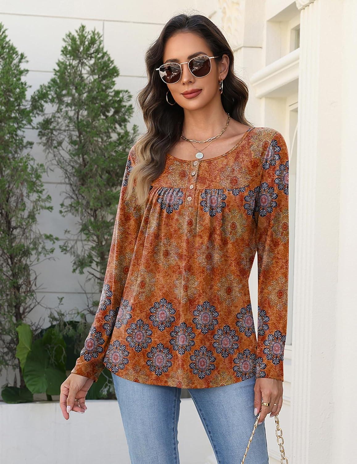 imageZeagoo Long Sleeve Shirts for Women Fall Fashion Dressy Casual Blouses Trendy Pleated Tunic Tops for Leggings 2025Orangemz836
