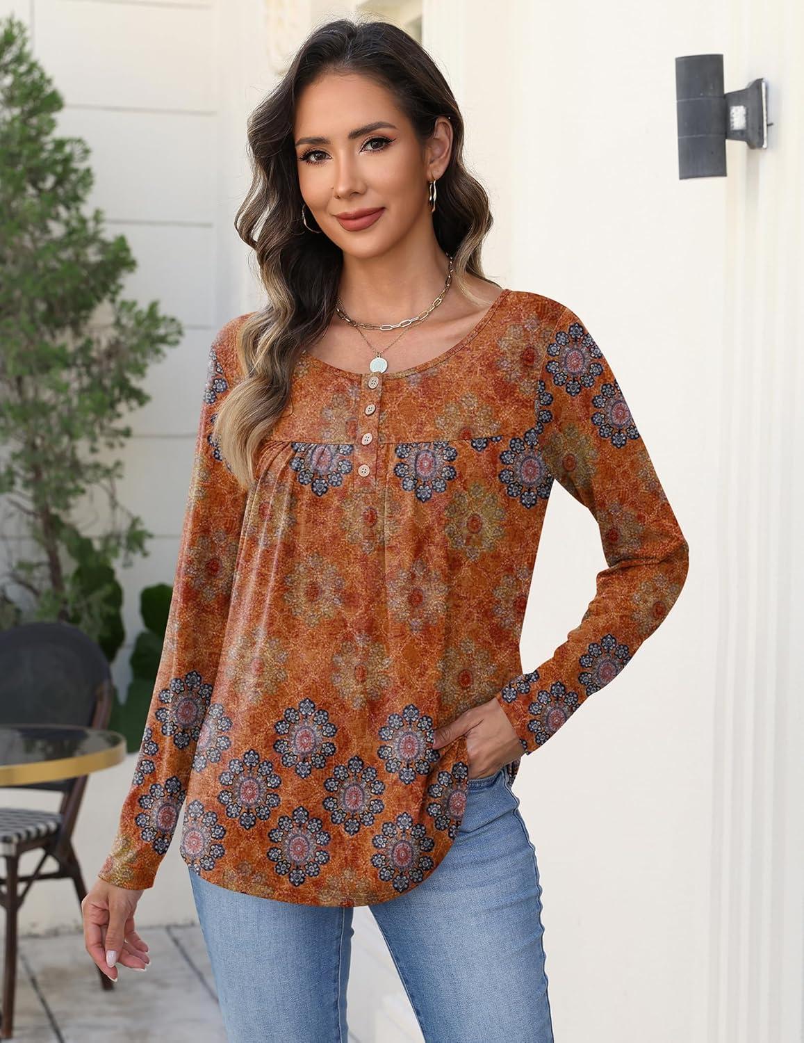 imageZeagoo Long Sleeve Shirts for Women Fall Fashion Dressy Casual Blouses Trendy Pleated Tunic Tops for Leggings 2025Orangemz836