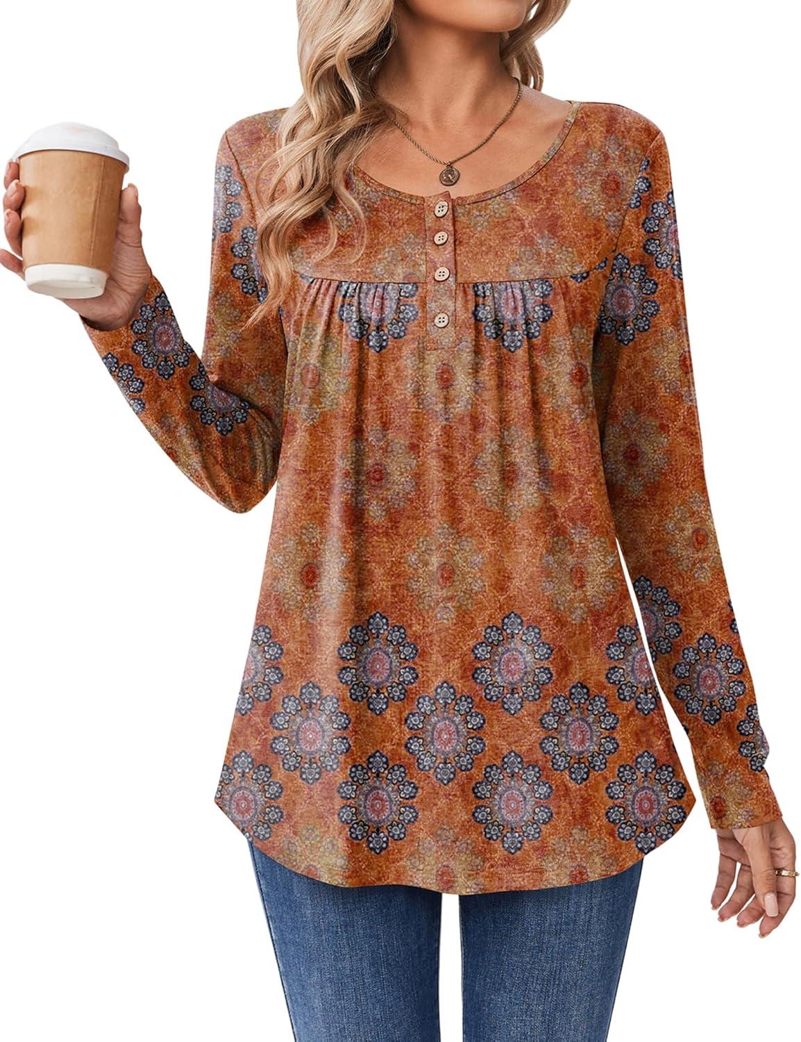 imageZeagoo Long Sleeve Shirts for Women Fall Fashion Dressy Casual Blouses Trendy Pleated Tunic Tops for Leggings 2025Orangemz836