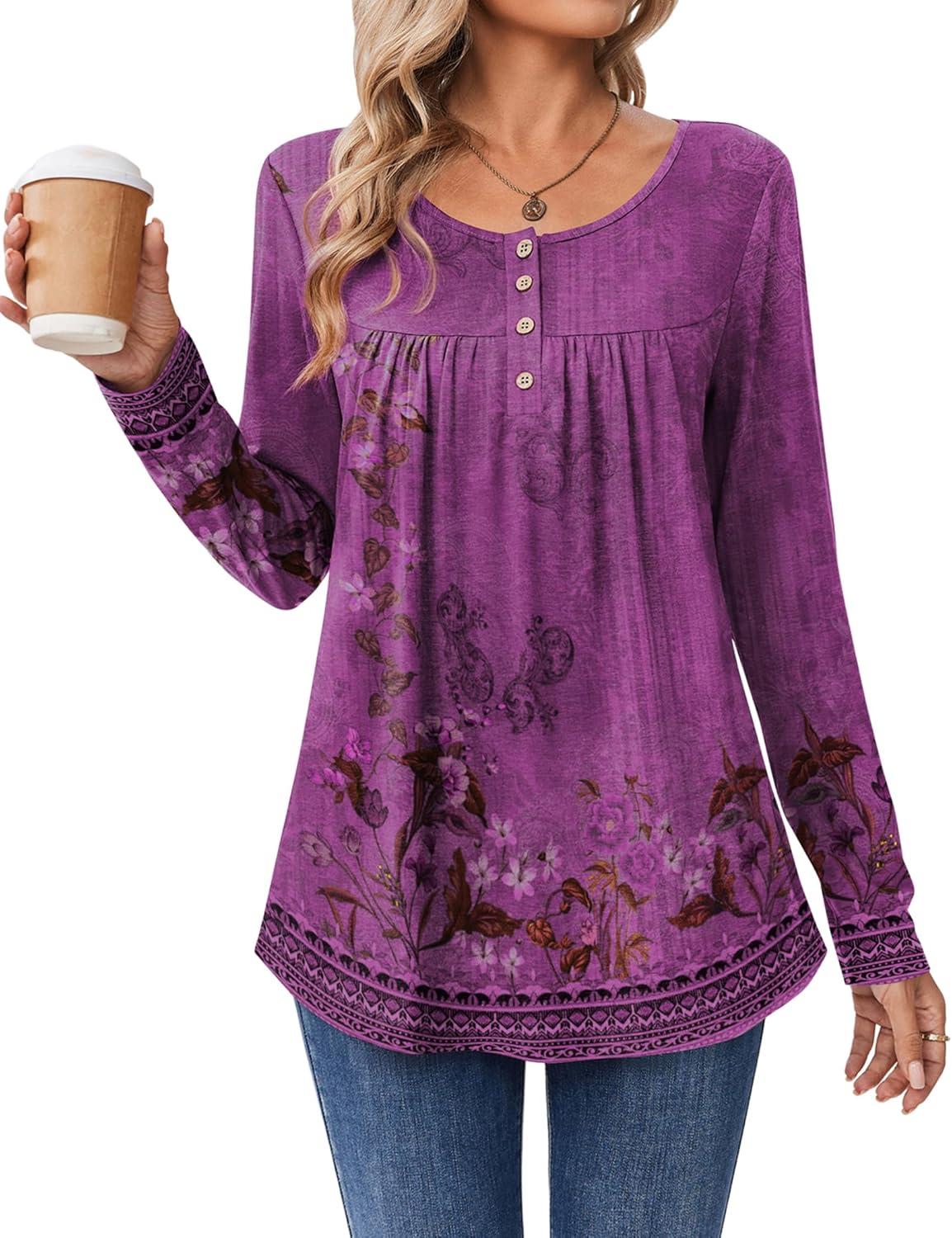 imageZeagoo Long Sleeve Shirts for Women Fall Fashion Dressy Casual Blouses Trendy Pleated Tunic Tops for Leggings 2025Purple Flowermz841