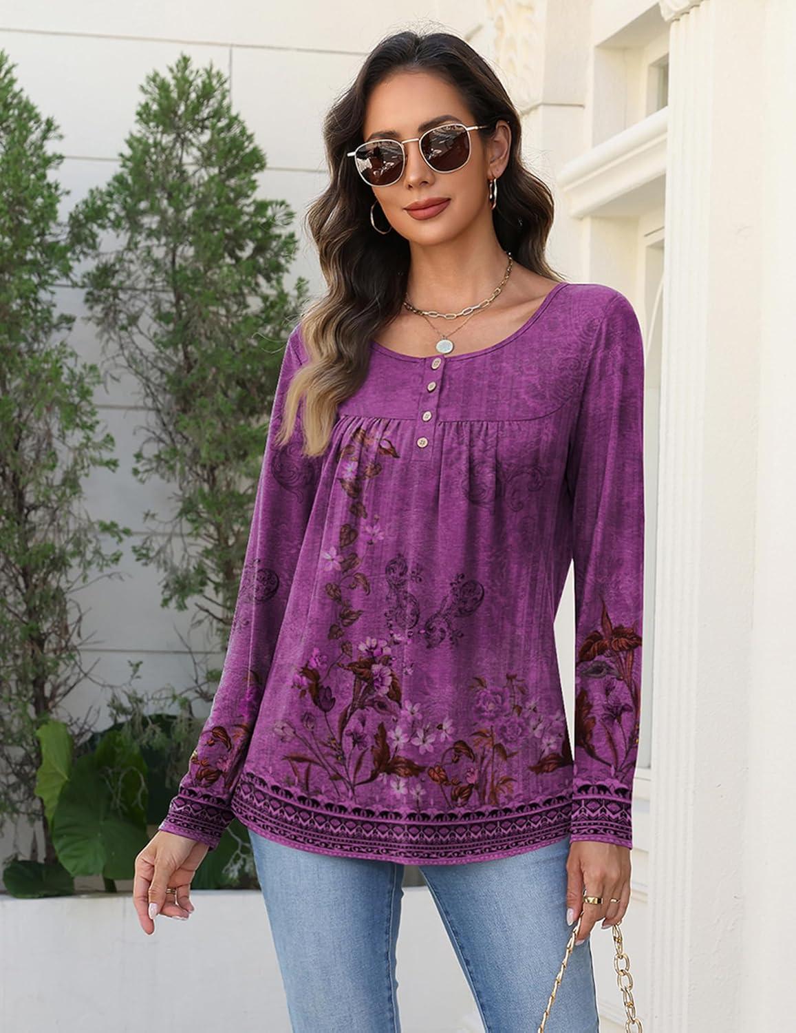 imageZeagoo Long Sleeve Shirts for Women Fall Fashion Dressy Casual Blouses Trendy Pleated Tunic Tops for Leggings 2025Purple Flowermz841