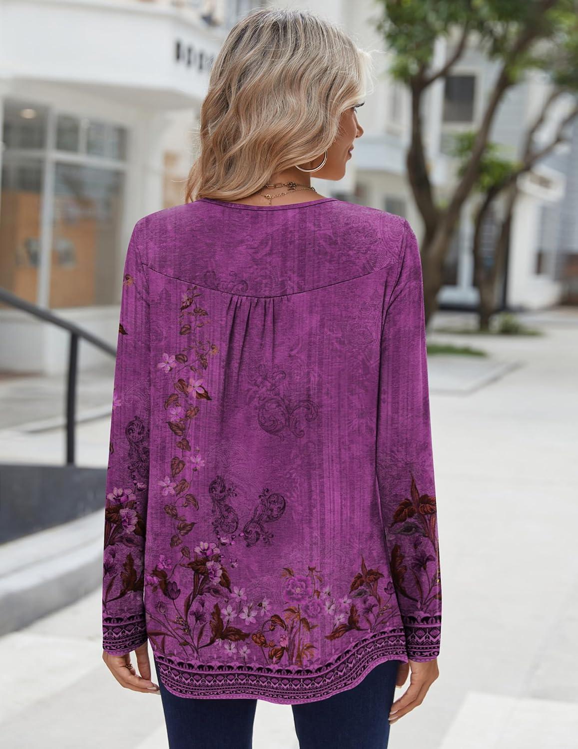 imageZeagoo Long Sleeve Shirts for Women Fall Fashion Dressy Casual Blouses Trendy Pleated Tunic Tops for Leggings 2025Purple Flowermz841