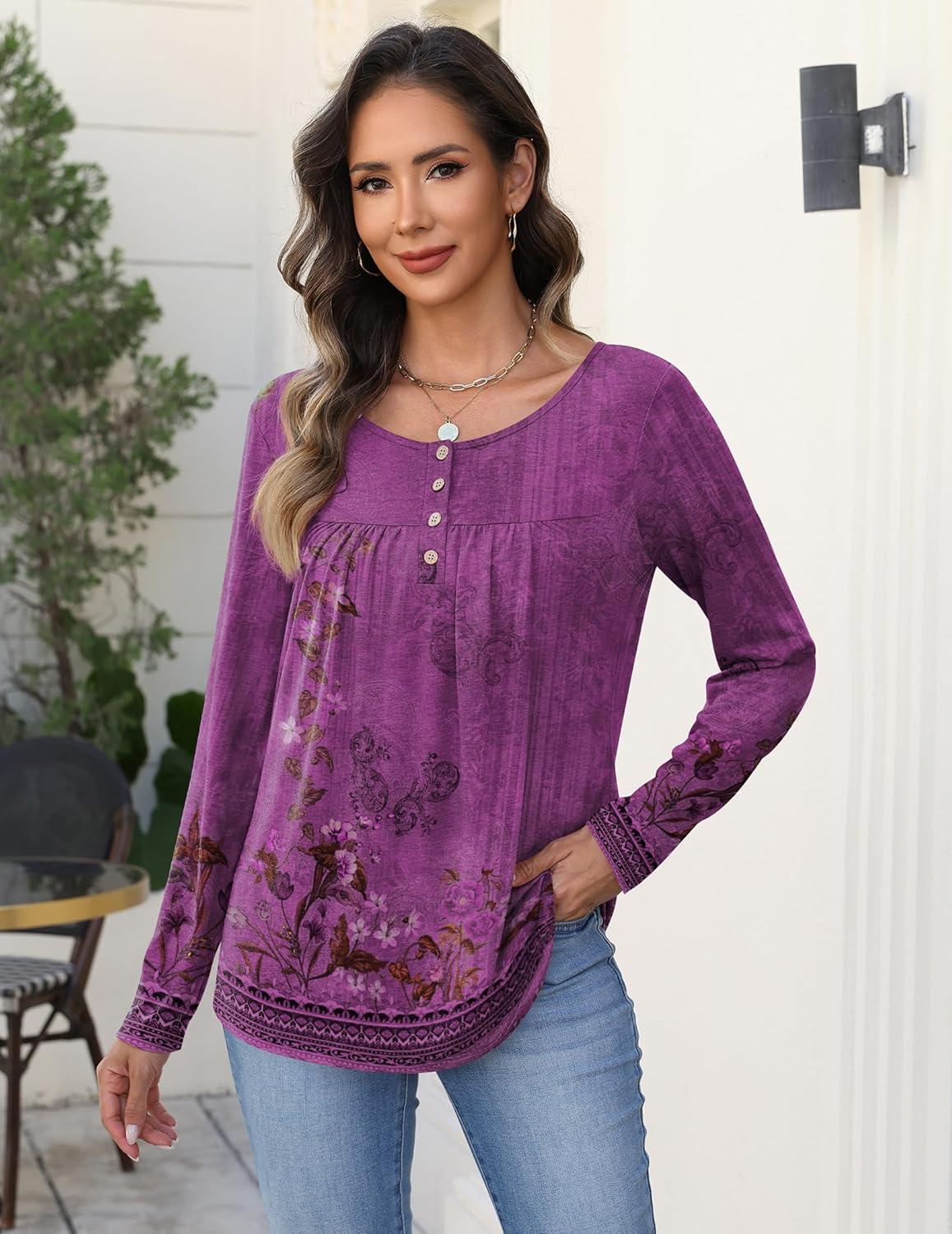 imageZeagoo Long Sleeve Shirts for Women Fall Fashion Dressy Casual Blouses Trendy Pleated Tunic Tops for Leggings 2025Purple Flowermz841
