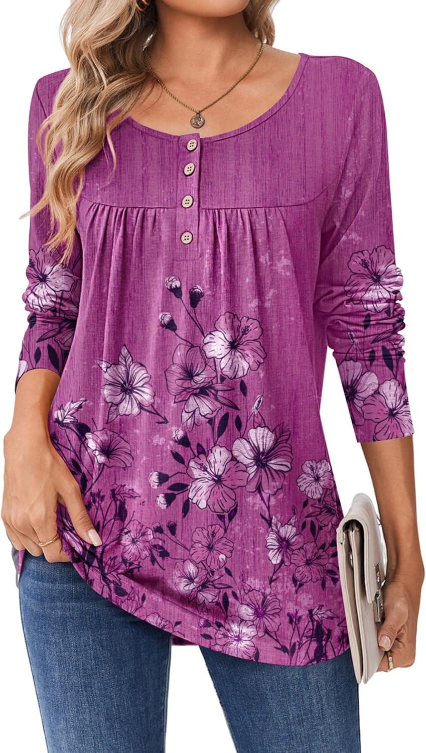 imageZeagoo Long Sleeve Shirts for Women Fall Fashion Dressy Casual Blouses Trendy Pleated Tunic Tops for Leggings 2025Purplesf219